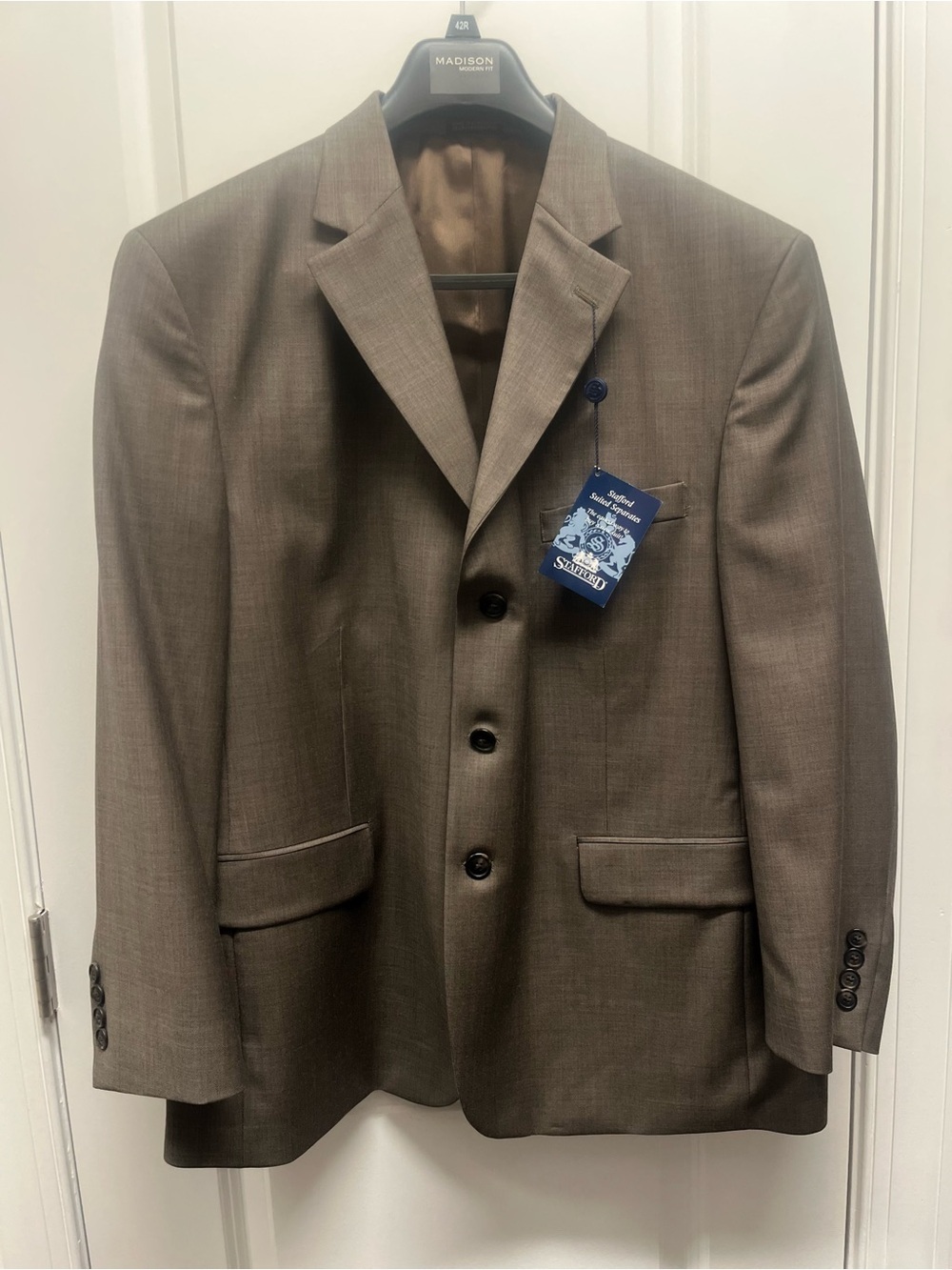 NWT Stafford Brown Sharkskin 100% Wool Blazer Suit Jacket 44S